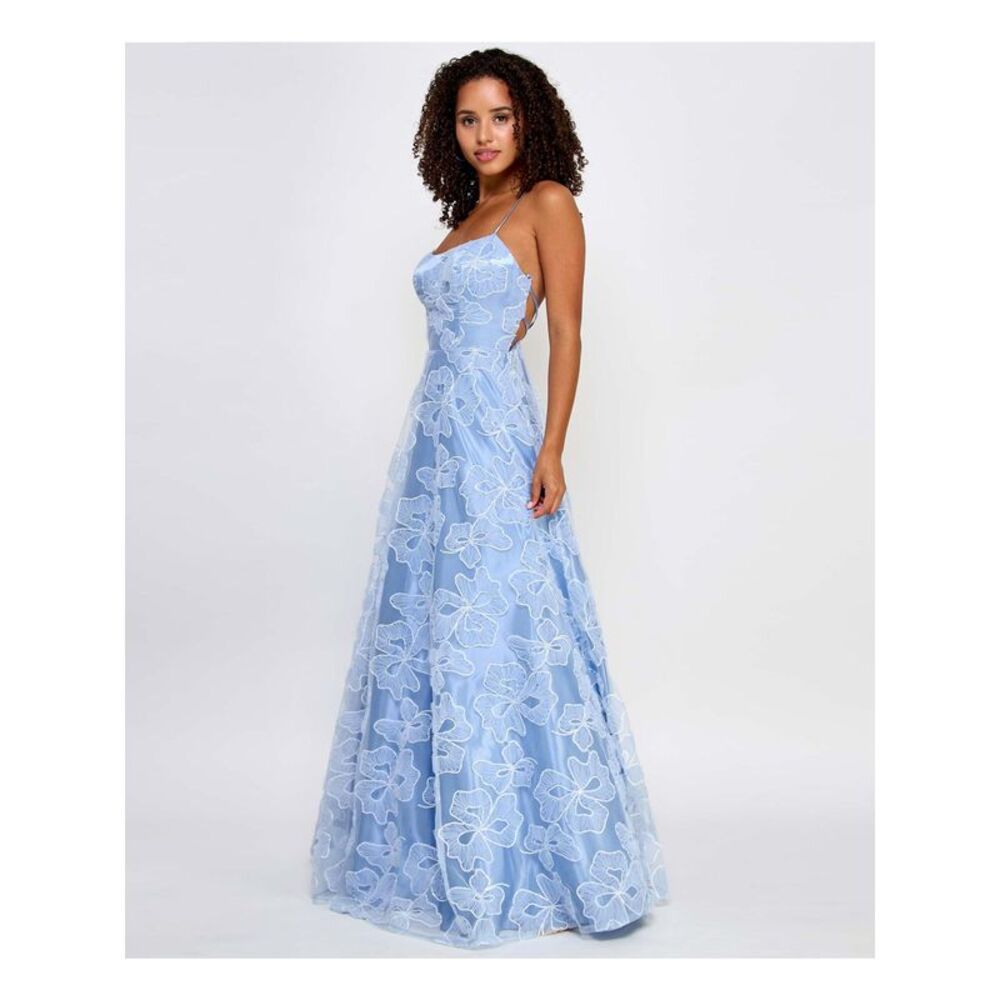 SAY YES TO THE Womens Dress Light Blue Up Back Mesh Ruffle Accents Juniors 1\2 - Picture 3 of 4